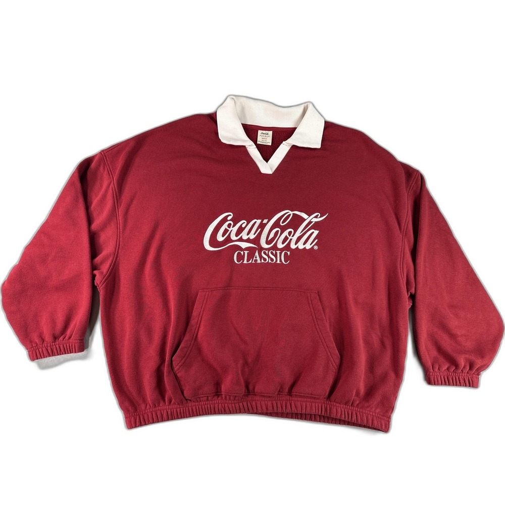 Coca Cola Sweatshirt Large Red Cotton Logo Rugby Collar Vintage Classic